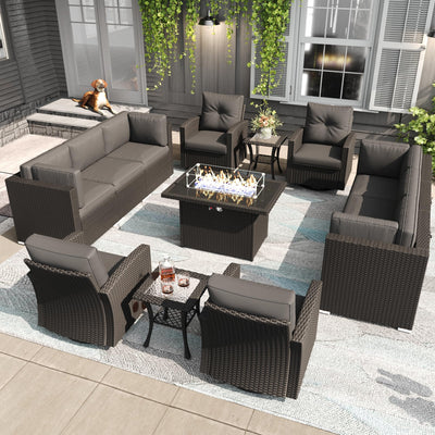 LayinSun 13 Pieces Patio Furniture Set with Fire Pit Table, Black Rattan Modular Sectional Outdoor Conversation Sofa Set, Swivel Rocking Chairs Set