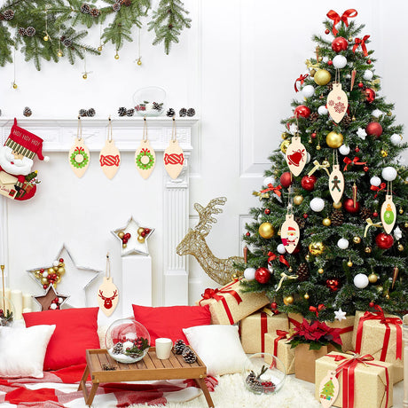 50 Pcs Christmas Unfinished Wooden Light Bulb Wooden Slices Blank Christmas Wooden Hanging Decorations with Rope Unfinished Predrilled Wooden Discs for Christmas Crafts DIY Decoration (Wood Color) Queekay