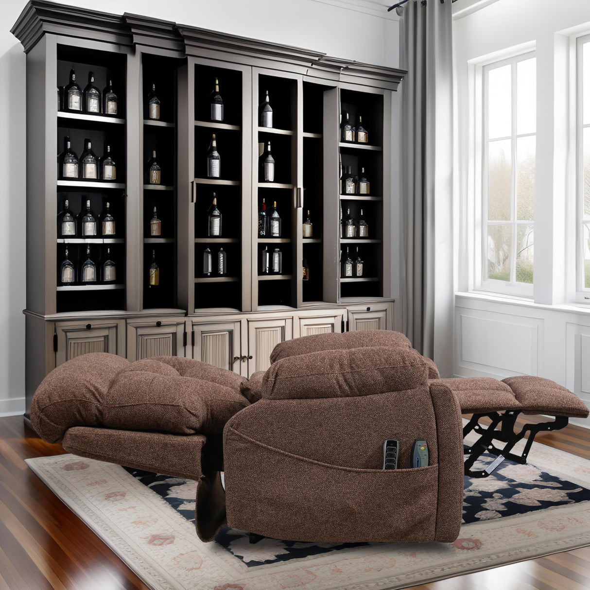 PUG258Y 4-Motor Power Lift Recliner Chair for Big and Tall Seniors: 9689Pro Lay Flat Lift Chair with Heat and Massage, Reclining to 180, Adjustable Headrest and Lumbar - Velvet Fabric - Nut Brown PUG258Y