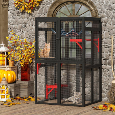Catio Outdoor Cat Enclosure, Wooden Catio with Window Access for Patio, Indooe Kitty House (Gothic)