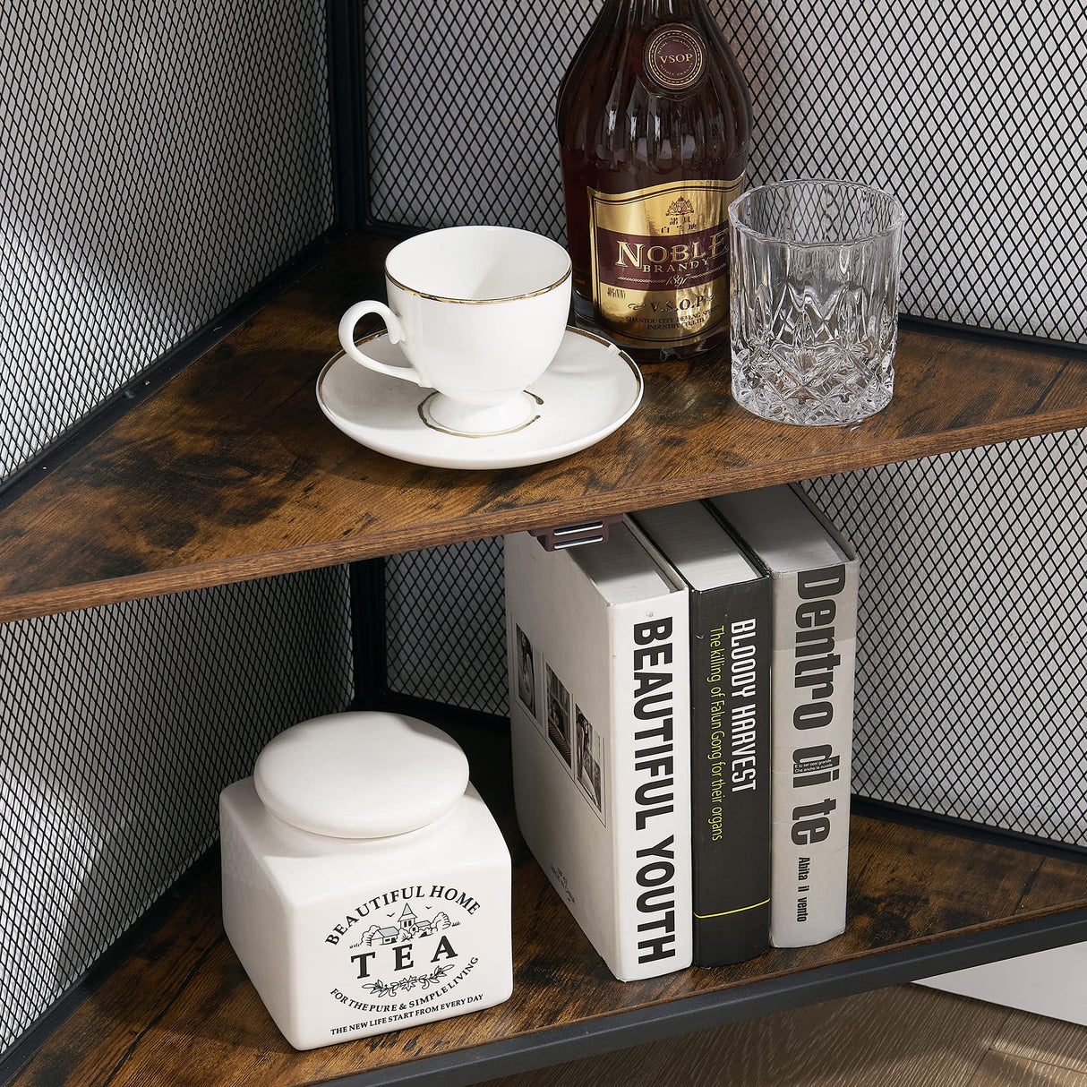 VECELO Corner Cabinet with Two Doors and Shelves, Free-Standing Storage Organizer for Small Space in Living Room/Bedroom/Kitchen, Brown and Black VECELO