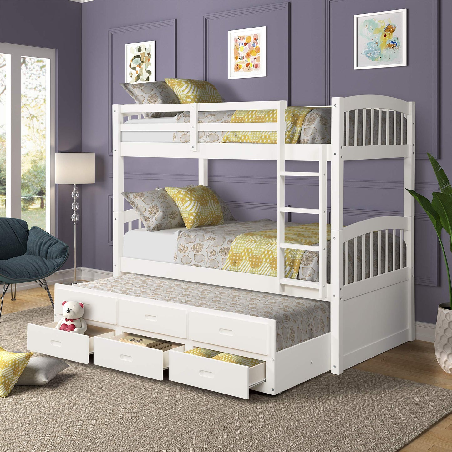 Harper&Bright Designs Twin Over Twin Bunk Bed with Safety Rail, Ladder, White Twin Trundle Bed with 3 Drawers for Kids, Teens Bedroom, Guest Room Furniture