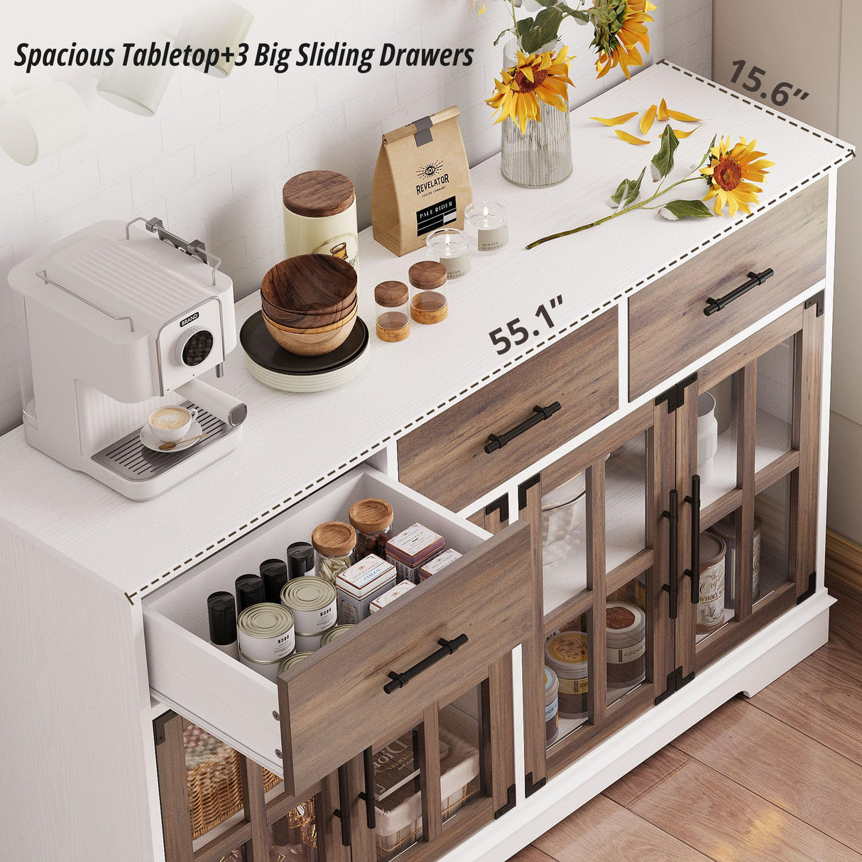 IRONCK Buffet Cabinet with Storage, 55" Large Sideboard Buffet Storage Cabinet with LED Lights, Farmhouse Coffee Bar Wood Liquor Cabinet for Kitchen, Dining Room, White and Oak IRONCK