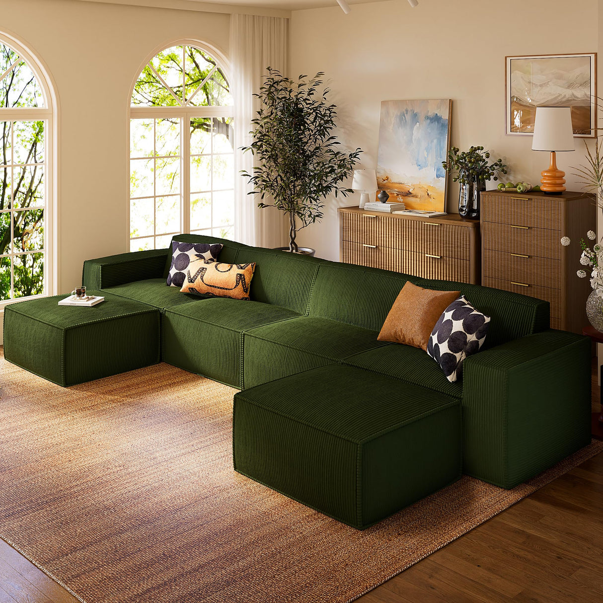 Marsail Modular Sectional Sofa, 142" U-Shaped Modular Sectional Couch with Deep Seat, Freely Combinable Sectional Clound Sofa for Living Room, No Assembly, Plush Corduroy Fabric, Green Marsail