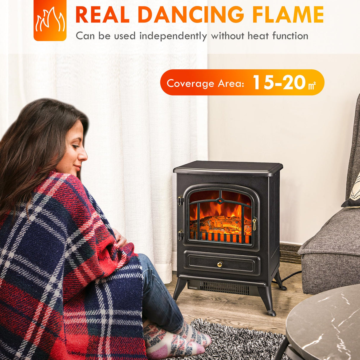 HOMCOM 22" Electric Fireplace Heater, Freestanding Fire Place Stove with Realistic LED Flames and Logs, and Overheating Protection, 750W/1500W, Black HOMCOM