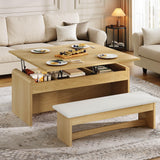 Homiflex Coffee Table Lift Top, 40'' Multi-Function Coffee Table Set with Bench & Hidden Compartment, Center Table w/Curved Corner, Converts to Home Office Table, Dining Table for Living Room, Natural Homiflex