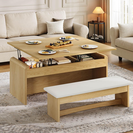 Homiflex Coffee Table Lift Top, 40'' Multi-Function Coffee Table Set with Bench & Hidden Compartment, Center Table w/Curved Corner, Converts to Home Office Table, Dining Table for Living Room, Natural Homiflex