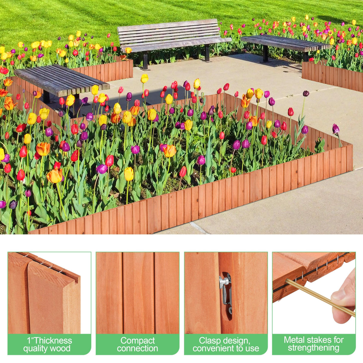 Yaheetech Wood Garden Fence,6pcs Outdoor Wooden Landscape Edging Flexible No Dig Decorative Border for Spring Yard Patio Pathway Courtyard Maintenance,Brown-178in Yaheetech