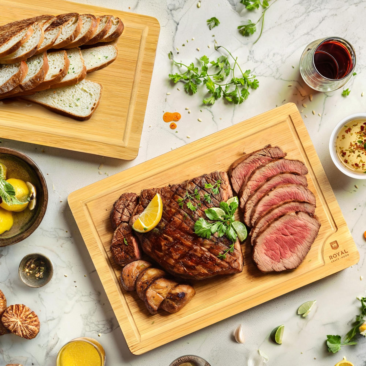 ROYAL CRAFT WOOD Wooden Serving Boards for Kitchen Meal & Cutting-Bamboo Cutting Board Set with Juice Groove Side Handles - Charcuterie & Chopping Butcher Block for Meat-Kitchen Gadgets Gift(2 Pcs) ROYAL CRAFT WOOD