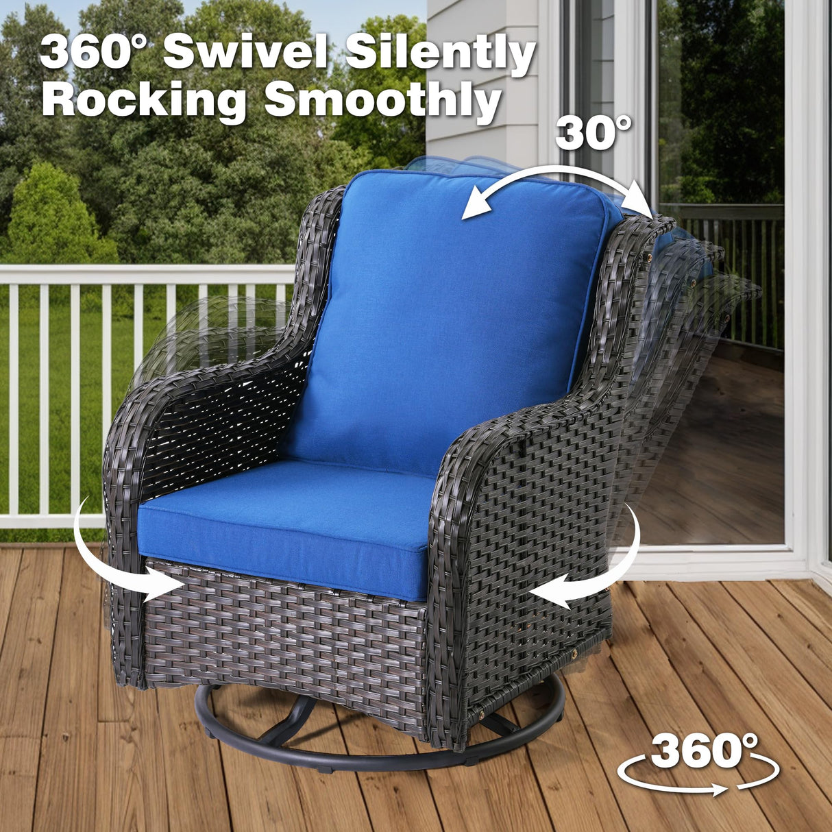 ovios Outdoor Furniture Set 10 Pieces Patio Conversation Set Rocking Swivel Chairs All Weather Rattan Wicker Sofa Couch for Backyard Porch Deck, Brown Wicker, Navy Blue ovios
