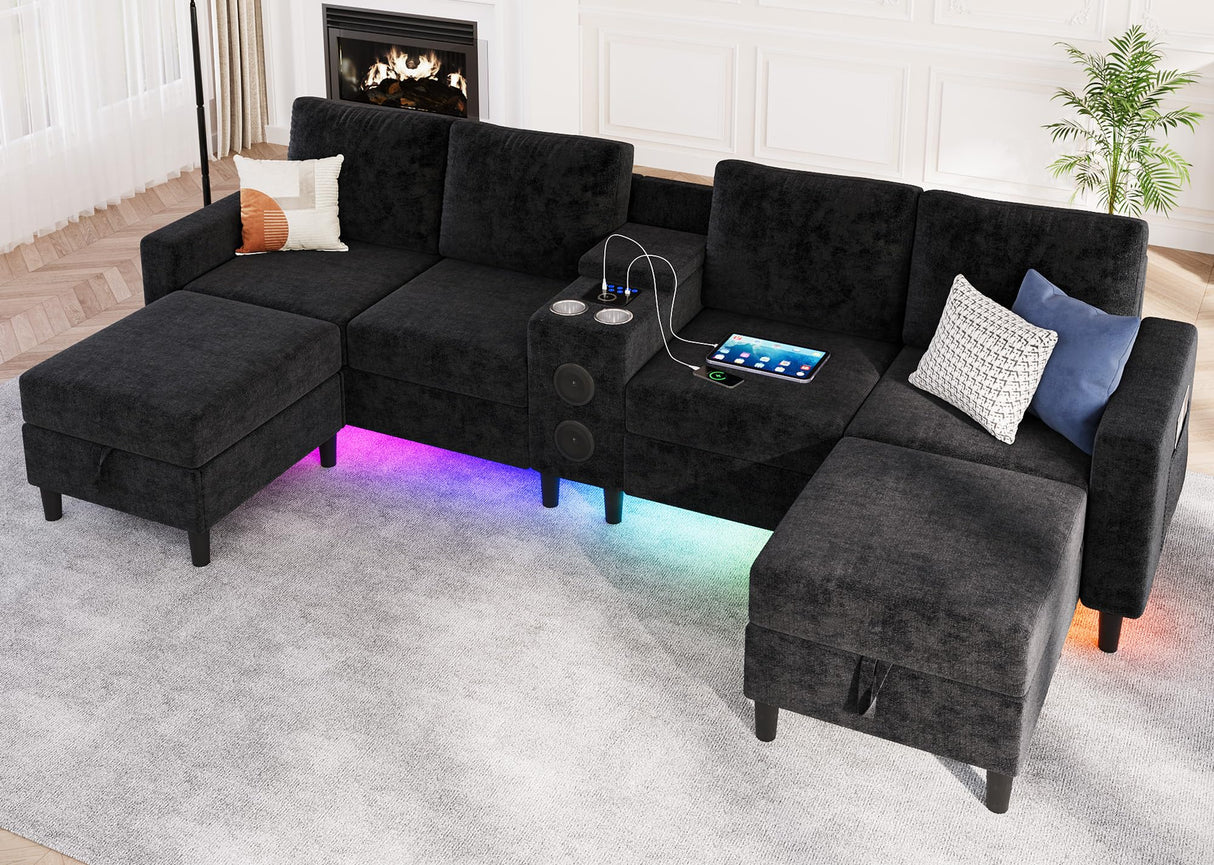 ZSDT Sectional Couches for Living Room, 6 Seat Sectional Sofa Smart Module-Bluetooth Speaker/RGB Light/Charging Station, Chenille U Shaped Couch with 2 Movable Storage Ottomans (Black) ZSDT