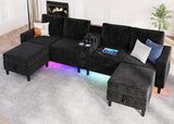 ZSDT Sectional Couches for Living Room, 6 Seat Sectional Sofa Smart Module-Bluetooth Speaker/RGB Light/Charging Station, Chenille U Shaped Couch with 2 Movable Storage Ottomans (Black) ZSDT