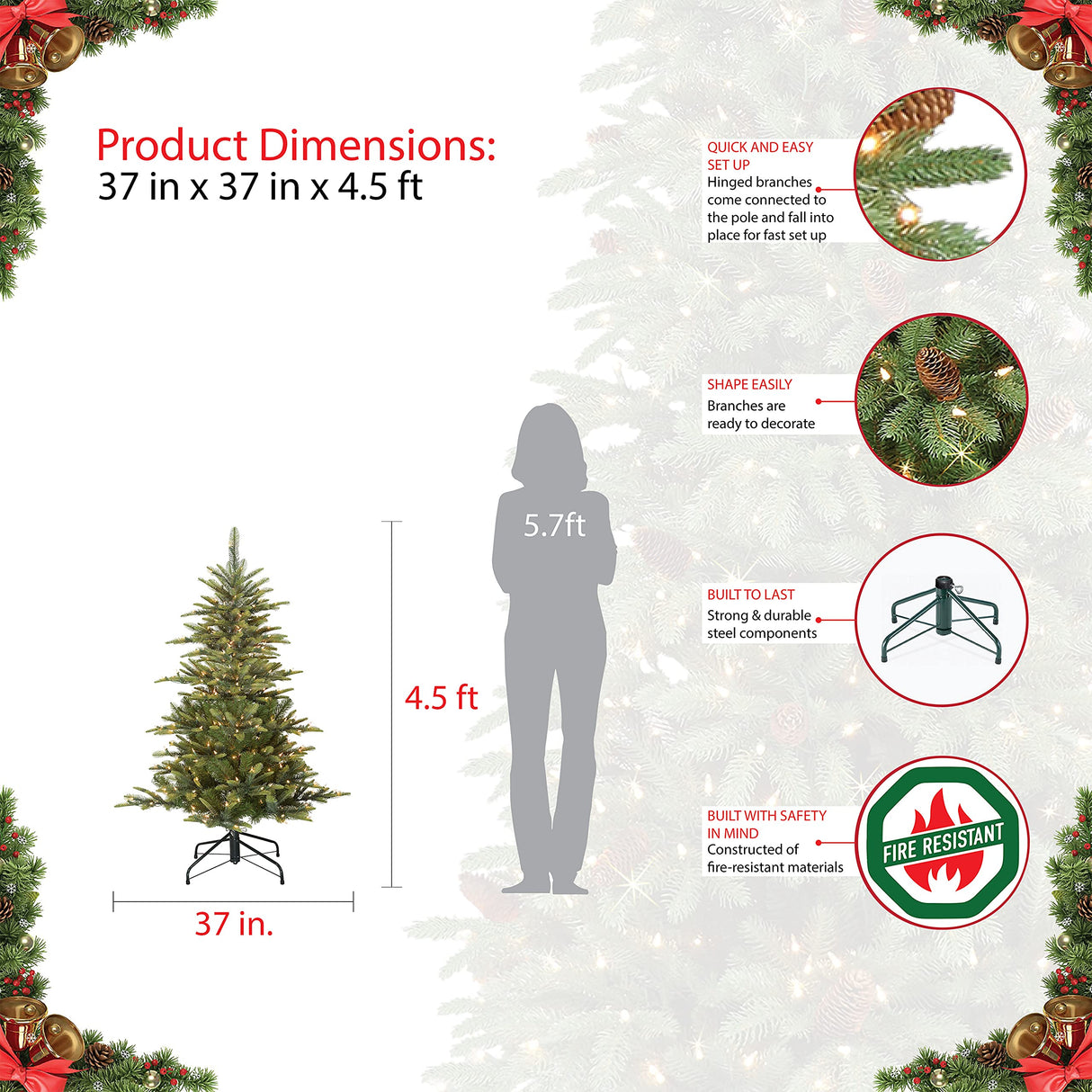Puleo International 4.5 Foot Pre-Lit Aspen Fir Artificial Christmas Tree with 250 UL Listed Clear Lights, Green Puleo International