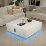 Square Lift Top Coffee Table, 31.5" Wooden Coffee Table with 2 Drawers & Hidden Storage, LED Lights & Charging Station, Mid Century Modern Center Table for Living Room Home Office (White) YKVIQBY