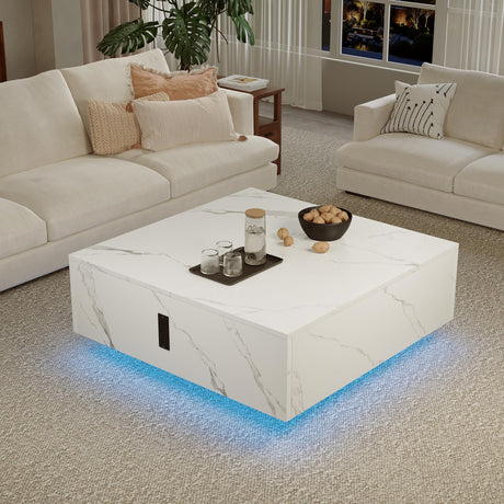 Square Lift Top Coffee Table, 31.5" Wooden Coffee Table with 2 Drawers & Hidden Storage, LED Lights & Charging Station, Mid Century Modern Center Table for Living Room Home Office (White) YKVIQBY