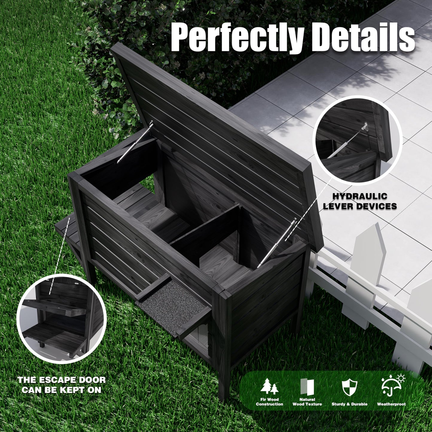 Black Outdoor Cat House Weatherproof Feral Cat Enclosure with Ice Pad for Summer, 100% Insulated All-Round Foam, Wood Large Feral Cat House for Multiple Cats 34.25" L*21.65" W*24.78" H