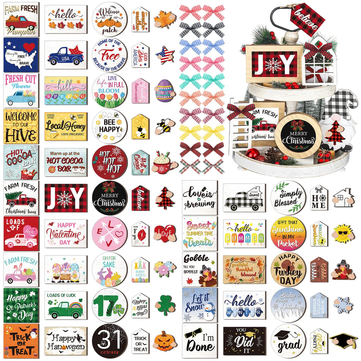 Kigley 70 Pcs Christmas Interchangeable Seasonal Tiered Tray Decor Set Farmhouse Holiday Tiered Tray Interchangeable Tabletop Decor for Holiday Seasonal Home Kitchen Kigley