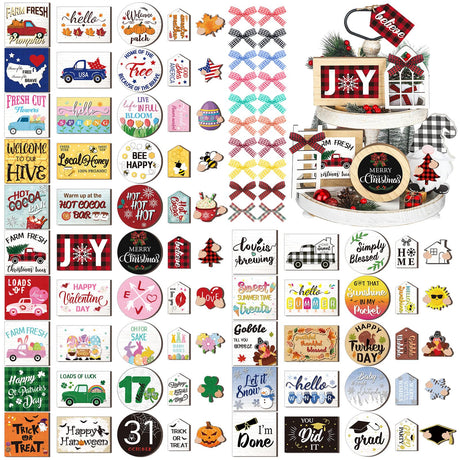 Kigley 70 Pcs Christmas Interchangeable Seasonal Tiered Tray Decor Set Farmhouse Holiday Tiered Tray Interchangeable Tabletop Decor for Holiday Seasonal Home Kitchen Kigley