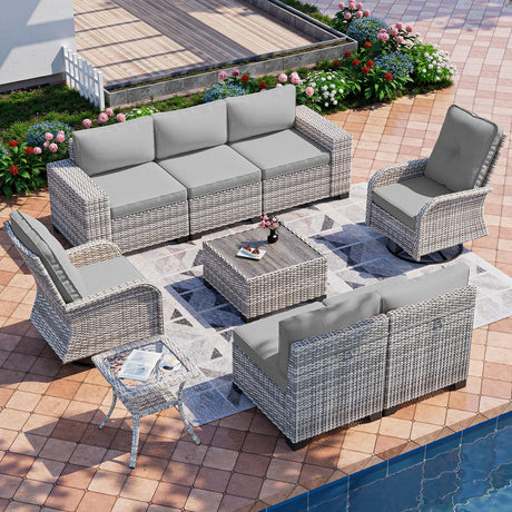 Muphyers 9-Piece Outdoor Patio Furniture Set with Rocking Swivel Chair Wicker Sectional Sofa Set, Patio Conversation Set with Thickened Cushions & Coffee Table for Garden, Backyard, Poolside, Grey Muphyers