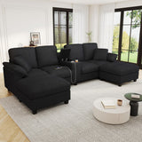 Merax 116.9" Modern U-Shaped Sofa Sectional Sofa Corduroy Upholstered Sofa Couch with Storage Ottomans, Cup Holders and USB Ports for Living Room, Black Merax