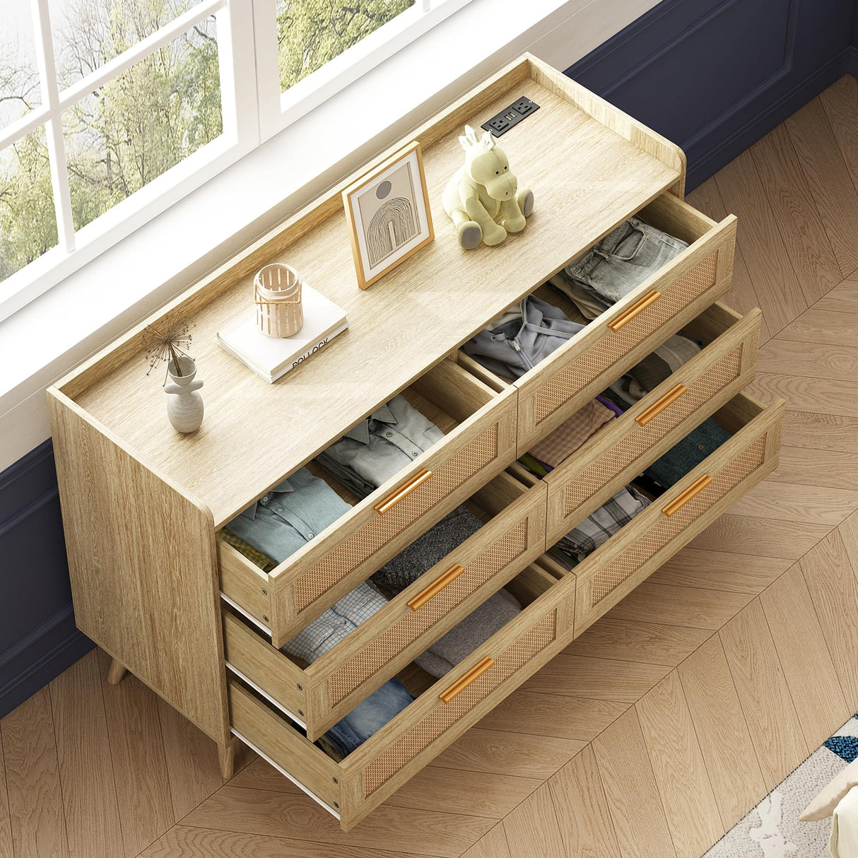 FUSOU 6 Drawer Dresser for Bedroom, Rattan Modern Dresser with Power Outlet, Wide Desktop Chest of Drawers Anti-tip, Oak Wood Storage Closet Dressers for TV, Living Room, Hallway, Entryway, Oak FUSOU