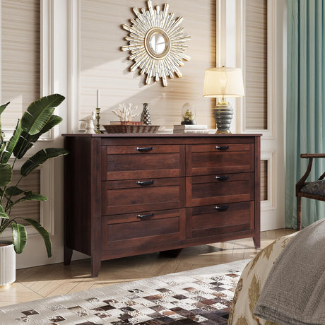 WLIVE 6 Drawer Dresser, Retro Chest of Drawers with Metal Handle, Double Wood Dresser for Bedroom, Living Room, Large Storage Cabinet, Brown WLIVE