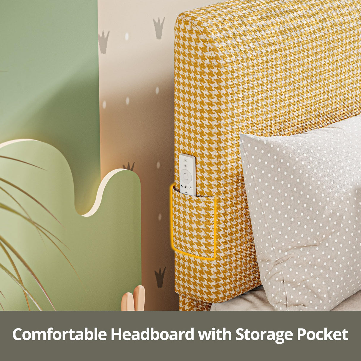 LIKIMIO Twin Size Bed Frame with Headboard, Fully Cotton Upholstered Foundation, Wooden Slats Support, Noise Free, No Box Spring Needed, Easy Assembly, Rustic Yellow and White Checkered LIKIMIO