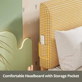 LIKIMIO Twin Size Bed Frame with Headboard, Fully Cotton Upholstered Foundation, Wooden Slats Support, Noise Free, No Box Spring Needed, Easy Assembly, Rustic Yellow and White Checkered LIKIMIO