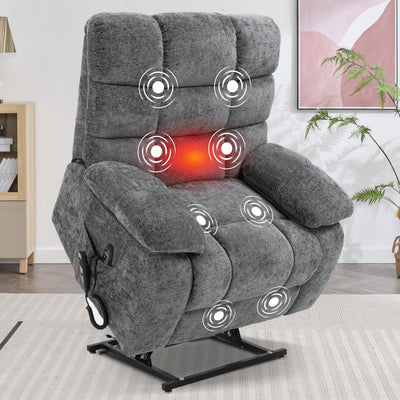 EZZUP Power Lift Recliner Chair for Elderly People, Lay Flat Recliner with Vibration Massage and Lumbar Heating, Lift Chair with Infinite Position and 2 Remote Controls, Chenille Fabric Gray