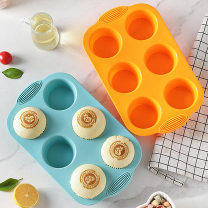 2PCS Silicone Muffin Cupcake Pan Molds, Ohola 6-Cavity Nonstick Silicone Muffin Pans for baking, Perfect for Cupcakes, Muffin, Brownies and More, BPA Free, 2 Pack (Orange and Peacock Blue)