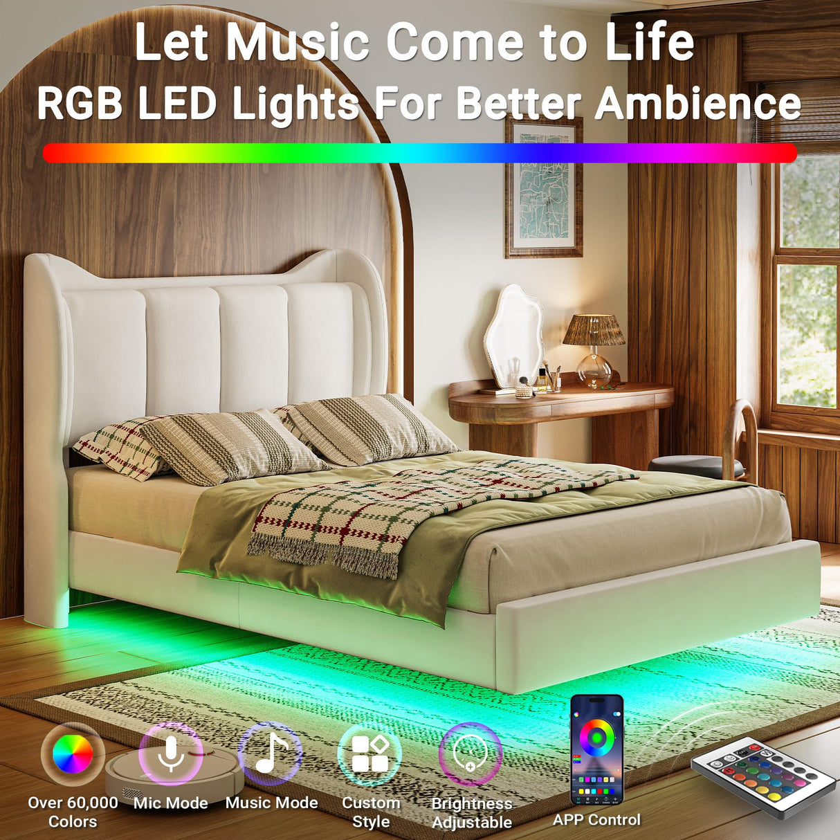 LIKIMIO Full Bed Frame with Headboard, Velvet Upholstered Platform Bed with LED Light, Solid Wood Slats Support, No Box Spring Needed, Cream LIKIMIO