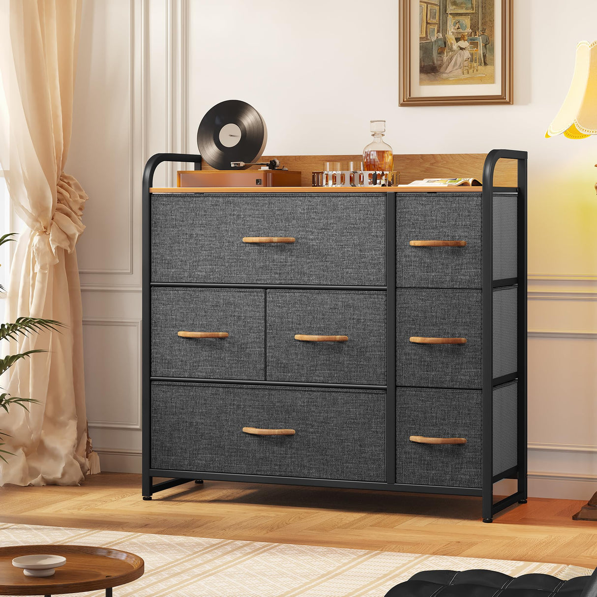 DWVO Fabric Dresser with 7 Drawers, Black Dresser & Chest of Drawers, Storage Tower with Large Capacity, Organizer Unit for Bedroom, Living Room & Closets DWVO