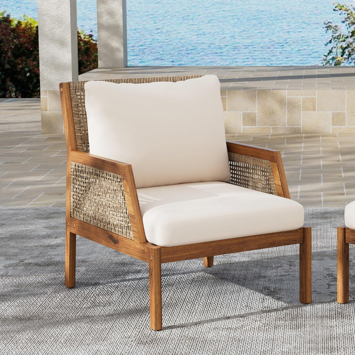 Christopher Knight Home Lena Patio Accent Chair, Acacia Wood Club Chair, Wicker Backrest Armchair, Upholstered Cushion Seating, Wooden Chairs for Balcony Backyard Garden, 23.5" 400lbs Teak+Cream Christopher Knight Home