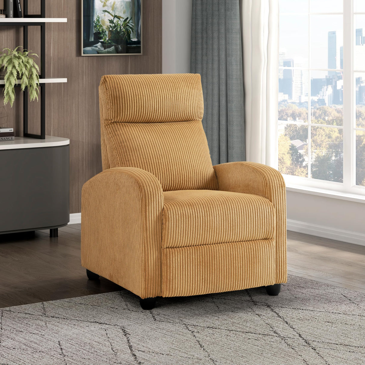 Lexicon Corduroy Pushback Recliner Chair Armchair Push Back Recliner, Solid Wood Frame and Metal Base, Easy Assembly Small Soft Single Sofa Accent Chair for Living Room/Office/Apartment, Yellow Lexicon