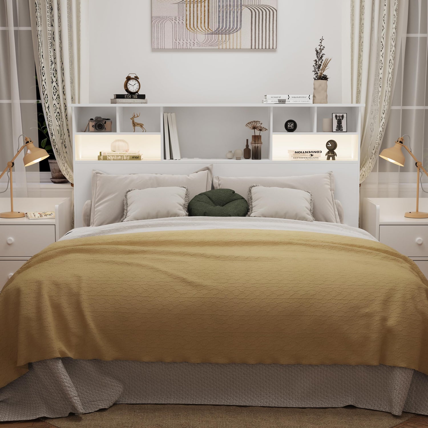 AYEASY Queen/Full Size Headboard Only for Bedroom, Wood Bookcase Headboard with Charging Station & 2 LED Lights, Stylish Queen Headboard for Queen Size Bed, Noise-free HeadBoard with Storage, White AYEASY