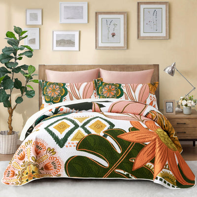 Tyrot 3 Piece Boho Floral Full/Queen Quilt Sets Farmhouse Botanical Reversible Lightweight Bedspread Coverlet with 2 Shams Mid Century Leaves Microfiber Bedding Quilts Set for All Season, 90''x96''