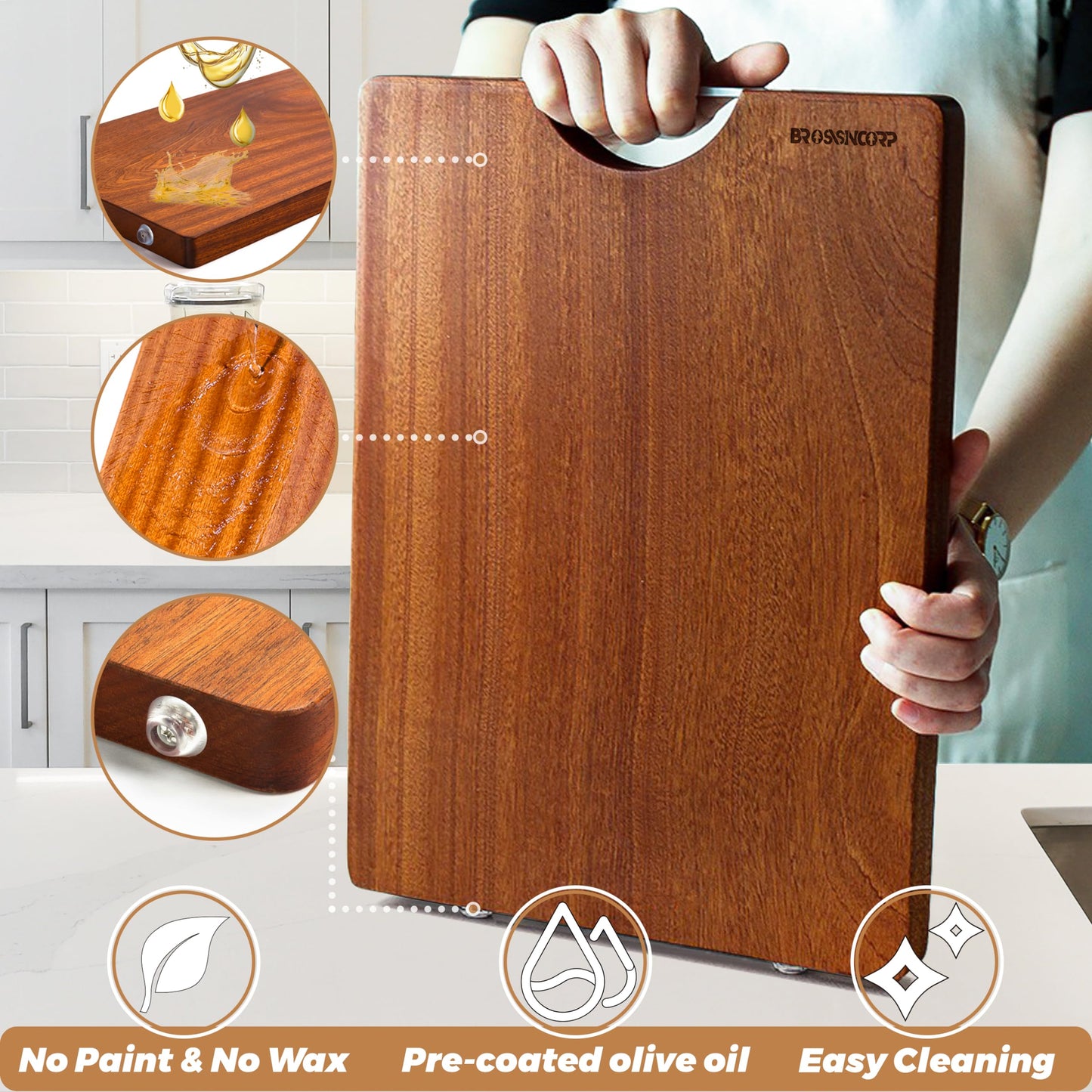 Brosisincorp Real Solid Sapele Cutting Board One Piece No Glue Non Toxic All Whole Single Wood Butcher Block Thick Hard Wood Heavy Duty Edge Grain (Large, 15.74"L*11.81"W*1.18"Th)