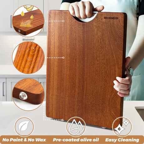 Brosisincorp Real Solid Sapele Cutting Board One Piece No Glue Non Toxic All Whole Single Wood Butcher Block Thick Hard Wood Heavy Duty Edge Grain (Large, 15.74"L*11.81"W*1.18"Th) Brosisincorp