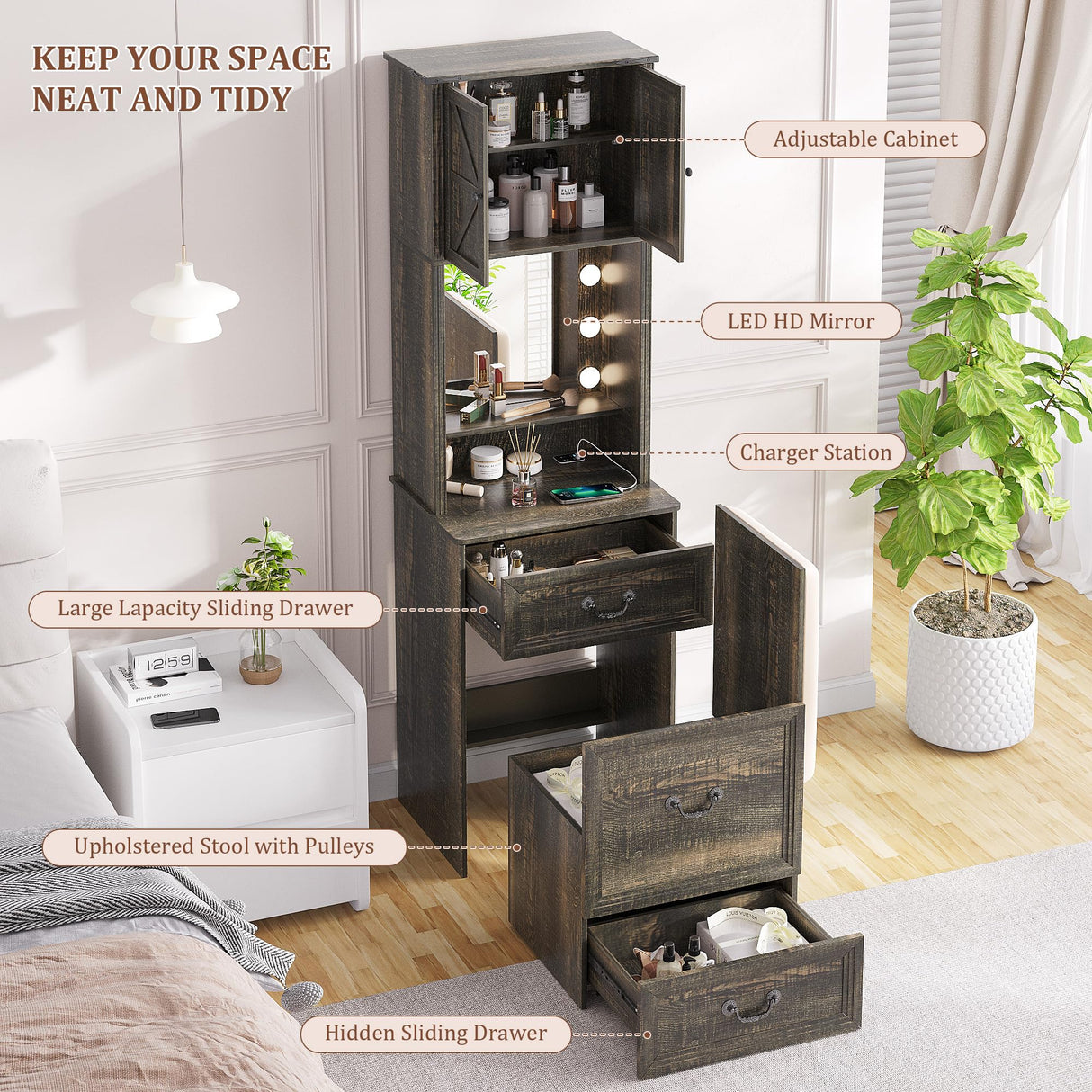 FREDEES Vanity Desk with Mirror and Lights, Compact Makeup Table w/Storage Drawers & Shelves, Farmhouse Vanity Table with Hidden Chair for Bedroom, Gift for Girls Lady, Rustic Brown FREDEES