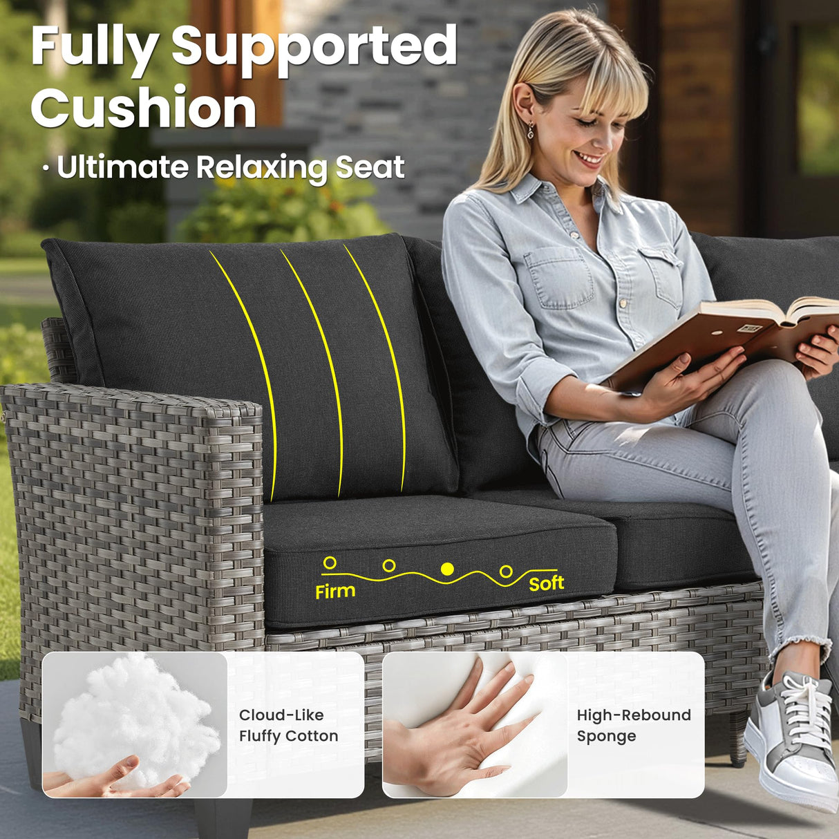 ovios 10 Pieces Patio Furniture Set, Outdoor Wicker Sofa Couch with Rocking Swivel Chairs Solar Lights Table Fire Pit, Modern Deep Seat Rattan Conversation Sets, Black ovios