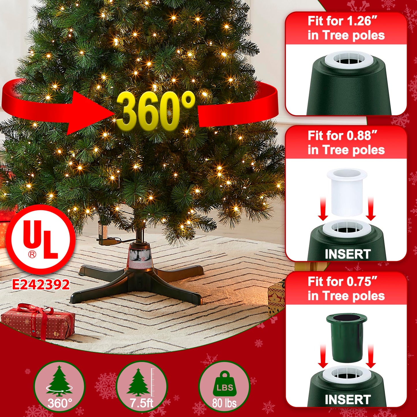 GREATDAY Rotating Christmas Tree Stand,360-Degree rotating christmas tree stand,Up to 7.5ft and 80 pounds Artificial Tree,With 3 settings trunk diameter