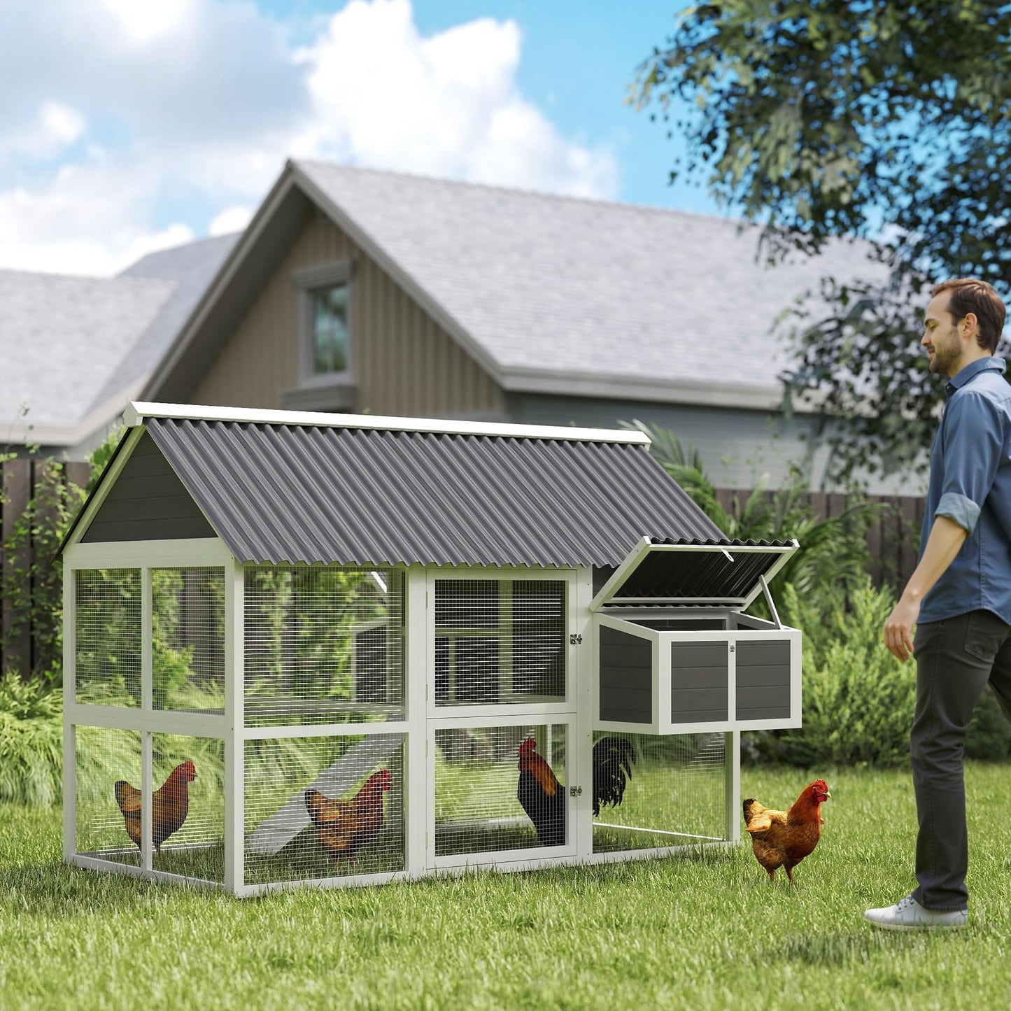 PawHut Chicken Coop with Run, Large Wooden Chicken House with 2 Nesting Boxes, 2 Roosting Bars, Ramp & Tray, Hen House Poultry Cage for 6-8 Chickens, 69" W x 84" x 59"