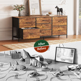 Huuger Dresser for Bedroom, 55 Inch TV Stand for 43, 55, 60 Inch TV, Long Fabric Dresser with 7 Drawers, Chest of Drawers for Storage, Closet, Clothing, Rustic Brown Huuger