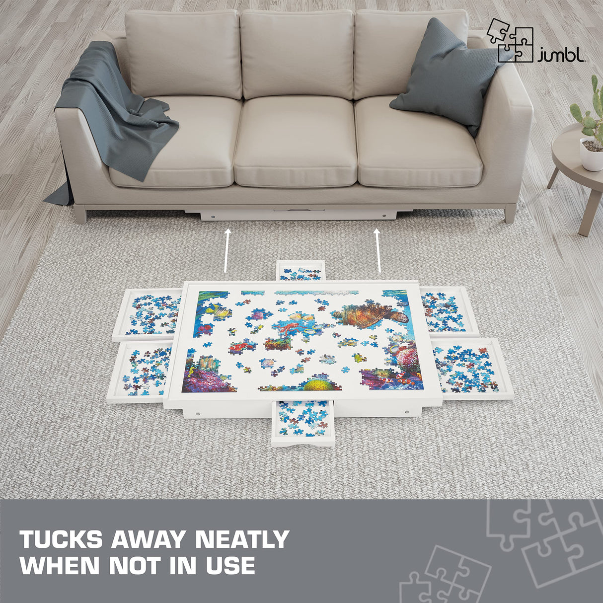 Jumbl 1000-Piece Puzzle Table w/Cover | 23” x 31” Jigsaw Puzzle Board w/Legs 6 Removable Storage & Sorting Drawers | Smooth Plateau Fiberboard Work Surface & Reinforced Hardwood | for Games & Puzzles Jumbl