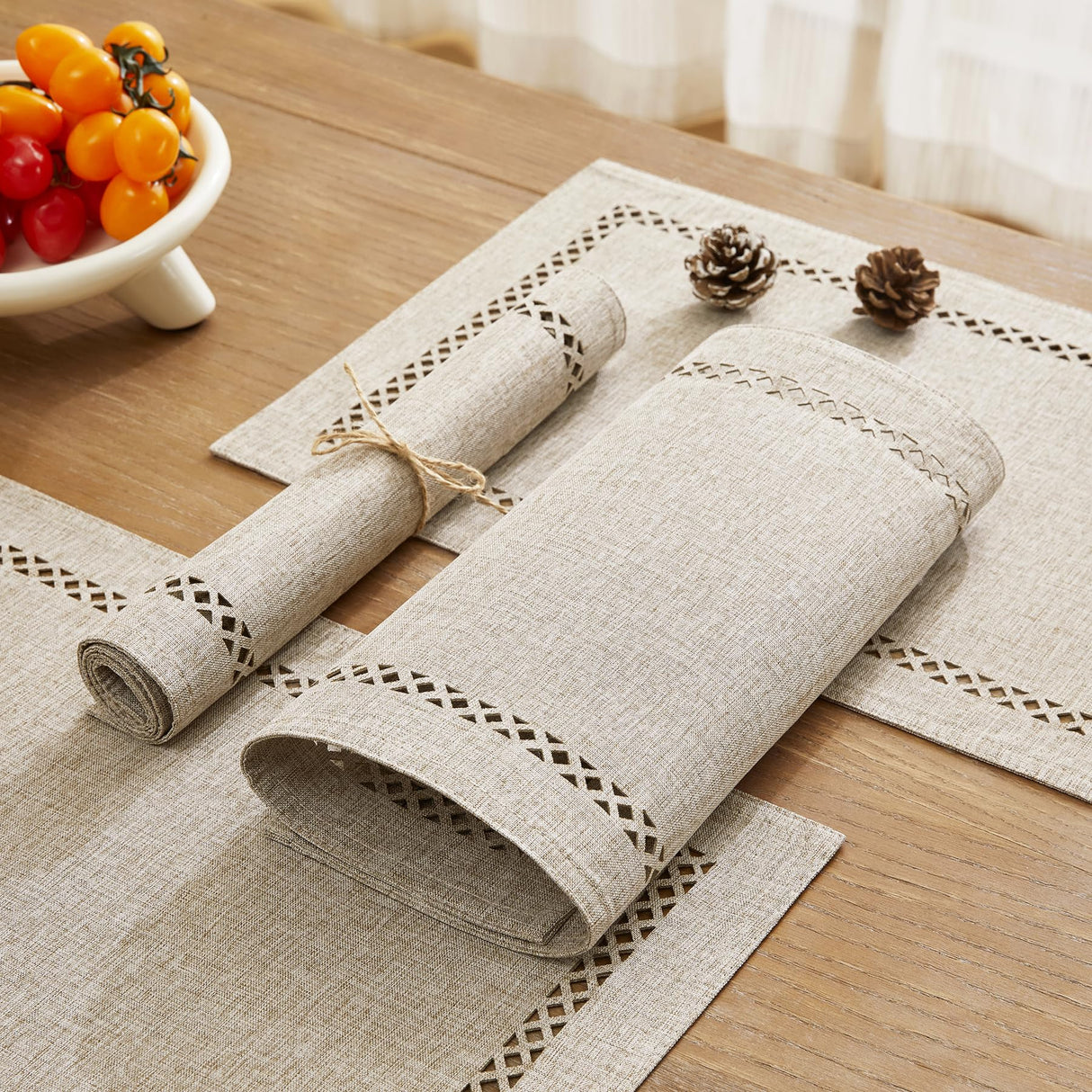 Aoztio Burlap Placemats Set of 4, 12 x 18 Inch Rustic Geometric Hollow Place Mats, Heat Resistant Placemats for Farmhouse Kitchen Table Decor, Coffee 4PCS Aoztio
