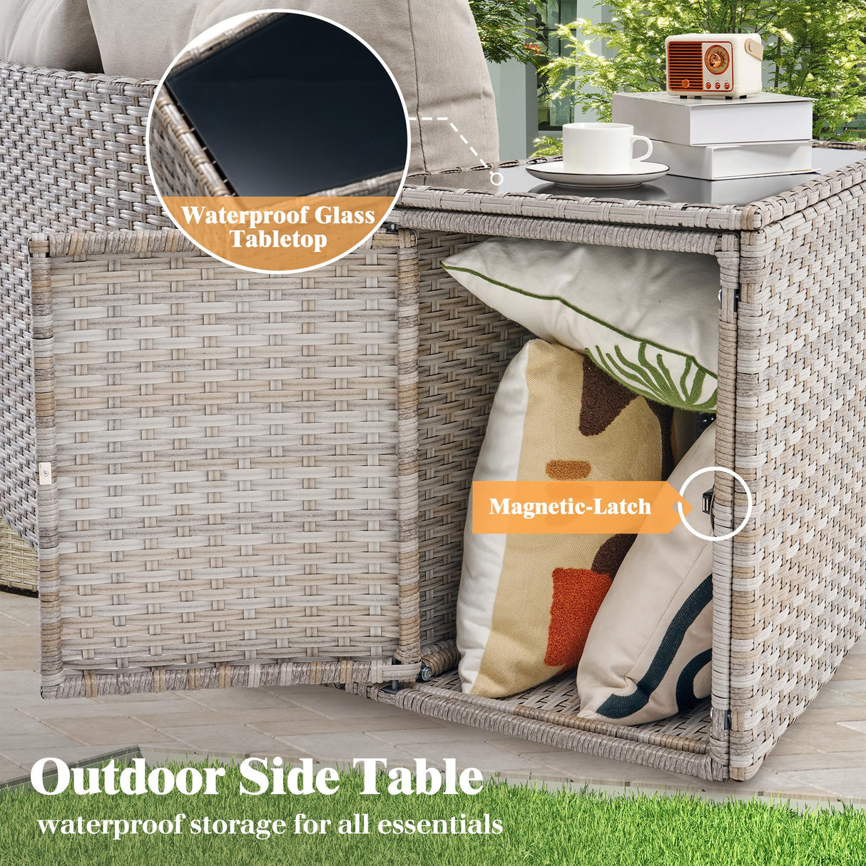 LUXOAK 9-Piece Wicker Patio Furniture Set with Swivel Rocking Chairs, Curved Sectional Sofa with Storage Table, All-Weather Outdoor Conversation Set with 6" Armrests, for Backyard/Garden/Deck LUXOAK