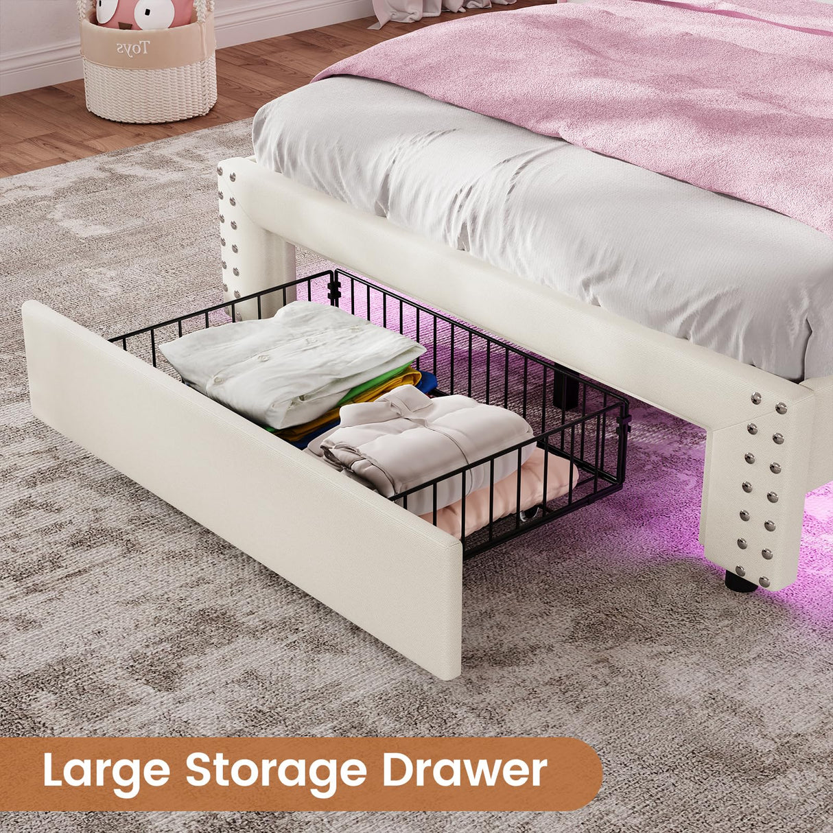 VIAGDO White Twin Bed Frames with LED Lights, Upholstered Platform Bed Frame Twin Size with Storage Headboard and Charging Station, LED Twin Bed Frame, No Box Spring Needed VIAGDO