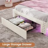 VIAGDO White Twin Bed Frames with LED Lights, Upholstered Platform Bed Frame Twin Size with Storage Headboard and Charging Station, LED Twin Bed Frame, No Box Spring Needed VIAGDO