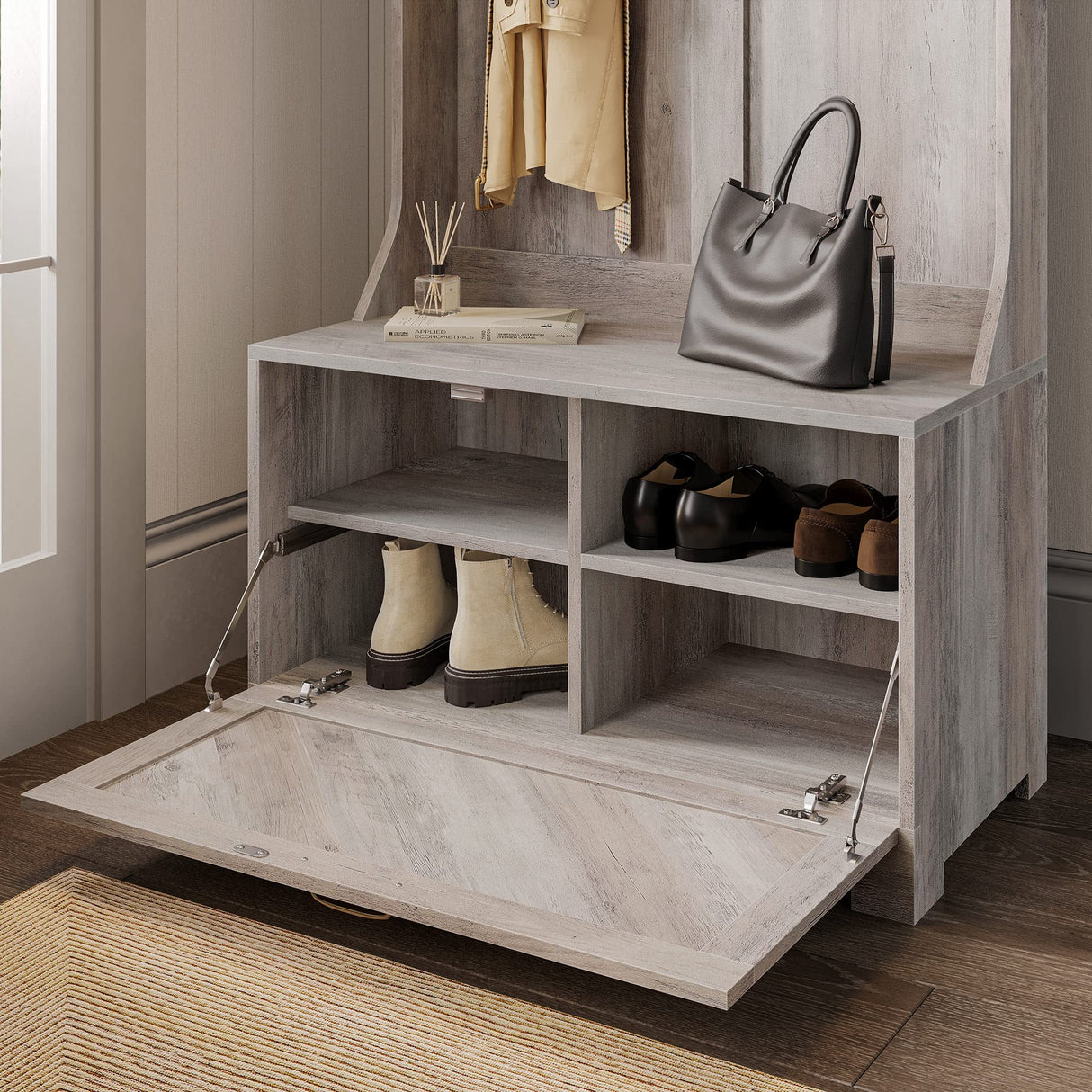 BELLEZE Entryway Hall Tree, Coat Rack, Storage Bench, 3-in-1 Design, Freestanding Shoe Rack - Hilo (Gray Wash) BELLEZE