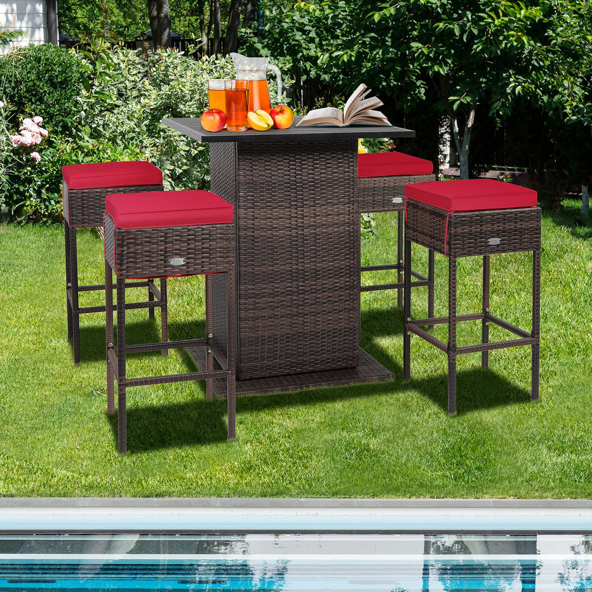 RELAX4LIFE 5-Piece Weatherproof Red Wicker Bar Set with Storage & Cushions for Outdoor Dining RELAX4LIFE